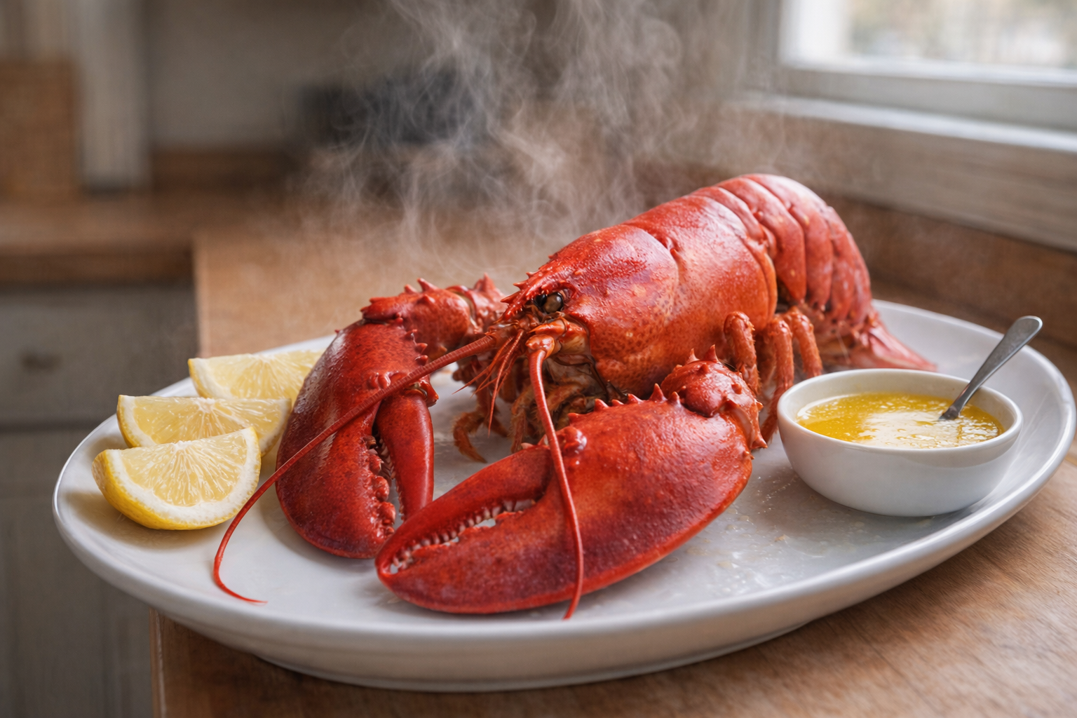 A perfectly boiled lobster, bright red shell, steam rising, presented on a white platter with lemon wedges and a small bowl of melted butter, shot in natural daylight